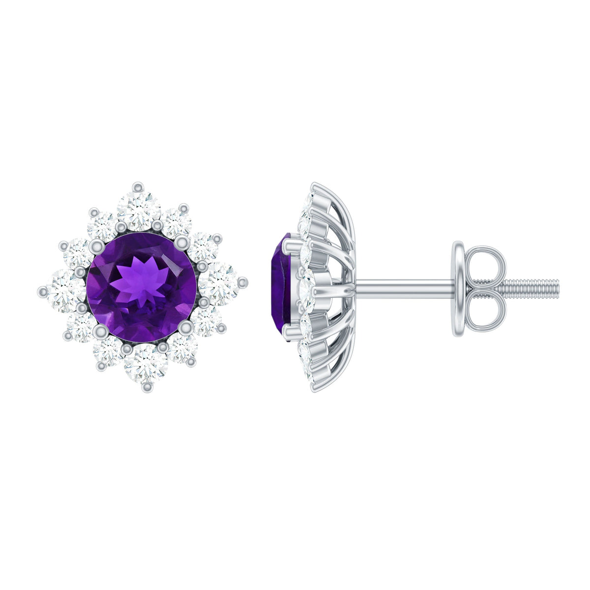 Genuine amethyst stud earrings with diamond halo from Rosec Jewels, showcasing purple gemstones surrounded by sparkling diamonds.