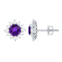 Genuine amethyst stud earrings with diamond halo from Rosec Jewels, showcasing purple gemstones surrounded by sparkling diamonds.