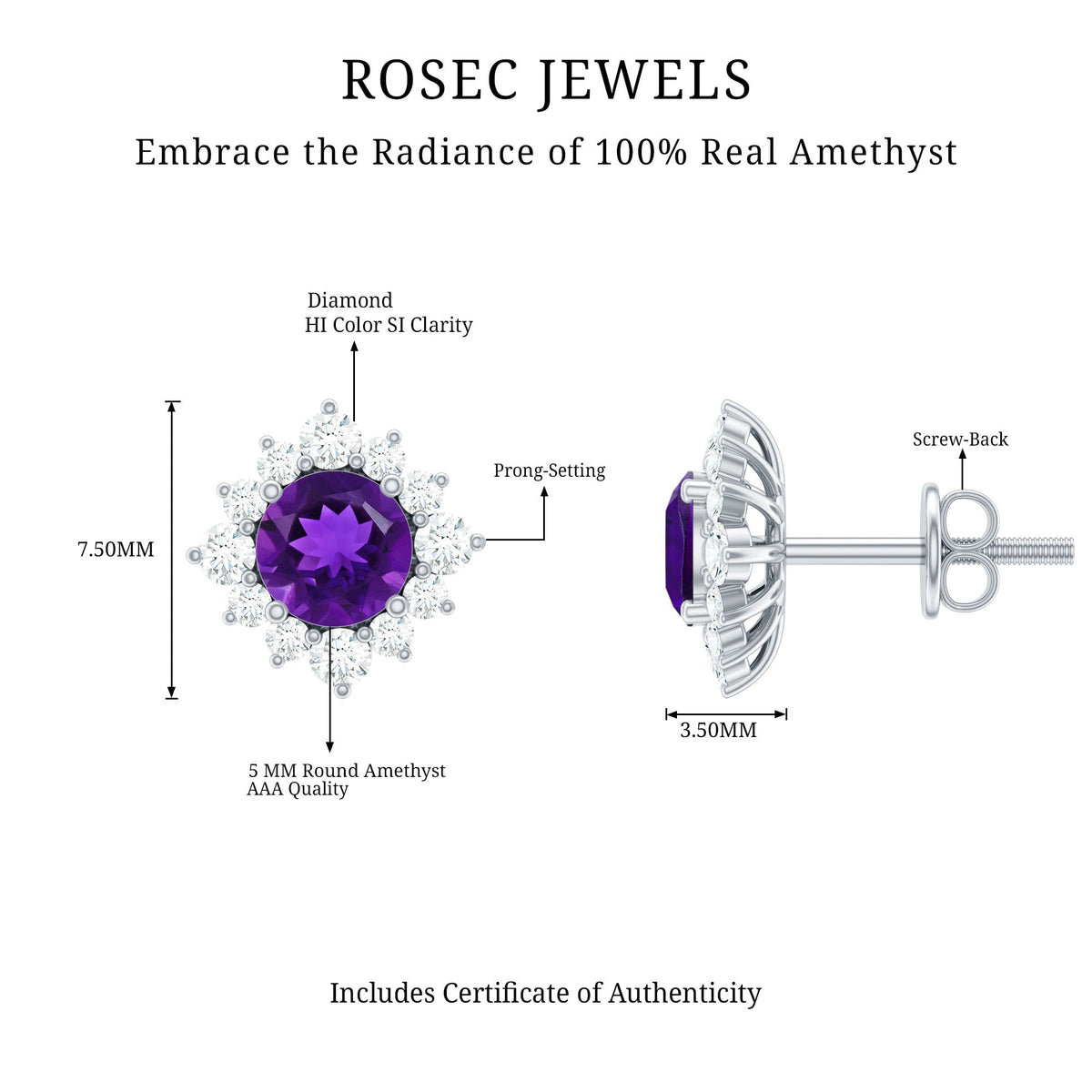 Genuine amethyst stud earrings with diamond halo from Rosec Jewels, featuring purple gemstone surrounded by sparkling diamonds.