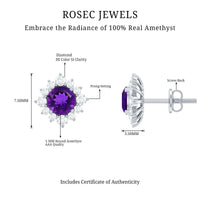Genuine amethyst stud earrings with diamond halo from Rosec Jewels, featuring purple gemstone surrounded by sparkling diamonds.
