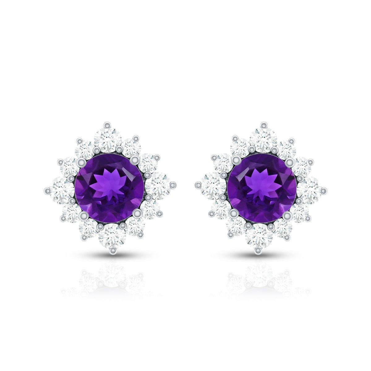 Genuine amethyst stud earrings with diamond halo from Rosec Jewels, featuring purple gemstone surrounded by sparkling diamonds.