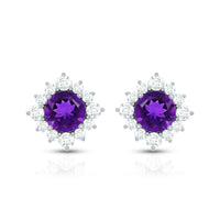 Genuine amethyst stud earrings with diamond halo from Rosec Jewels, featuring purple gemstone surrounded by sparkling diamonds.