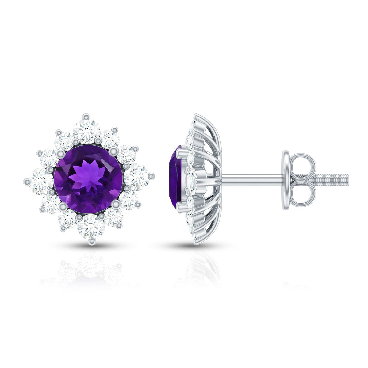 Genuine amethyst stud earrings with diamond halo from Rosec Jewels, showcasing purple gemstones surrounded by sparkling diamonds.