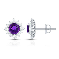 Genuine amethyst stud earrings with diamond halo from Rosec Jewels, showcasing purple gemstones surrounded by sparkling diamonds.
