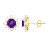 Genuine amethyst stud earrings with diamond halo from Rosec Jewels, showcasing purple amethyst gemstones surrounded by sparkling diamonds.