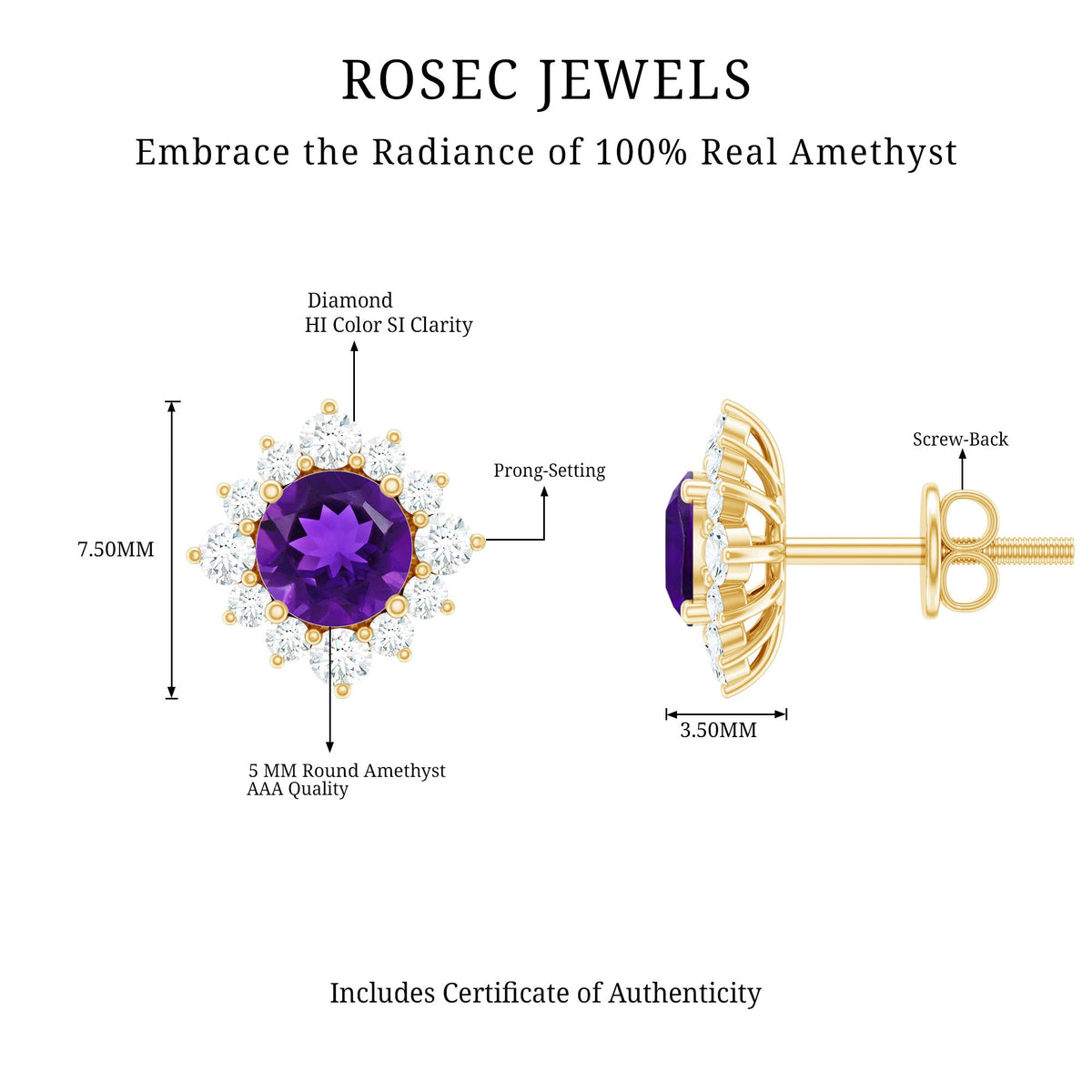 Genuine amethyst stud earrings with diamond halo from Rosec Jewels, featuring purple gemstones surrounded by sparkling diamonds.