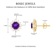 Genuine amethyst stud earrings with diamond halo from Rosec Jewels, featuring purple gemstones surrounded by sparkling diamonds.