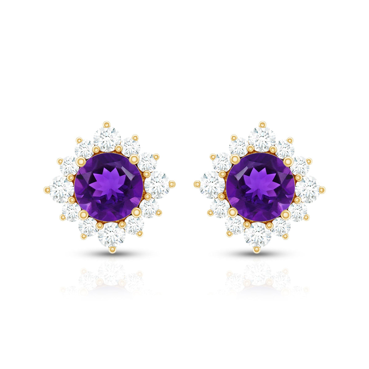 Genuine amethyst stud earrings with diamond halo from Rosec Jewels, showcasing purple gemstones surrounded by sparkling diamonds.