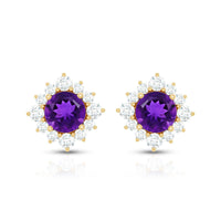 Genuine amethyst stud earrings with diamond halo from Rosec Jewels, showcasing purple gemstones surrounded by sparkling diamonds.
