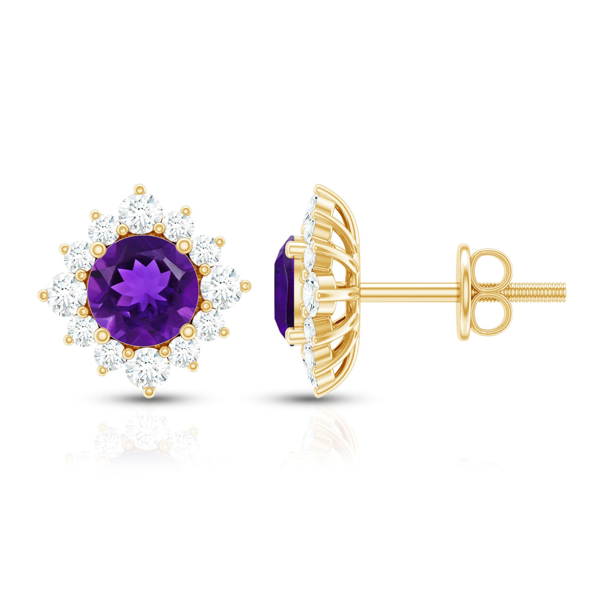 Genuine amethyst stud earrings with diamond halo from Rosec Jewels showcasing sparkling purple gemstones and elegant design
