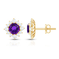 Genuine amethyst stud earrings with diamond halo from Rosec Jewels showcasing sparkling purple gemstones and elegant design