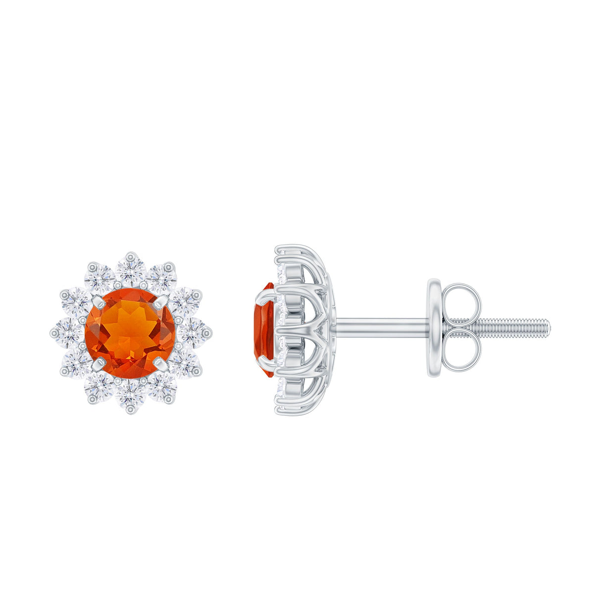 Rosec Jewels 1 CT fire opal stud earrings with diamond halo, showcasing vibrant orange gemstone and sparkling diamond accents.