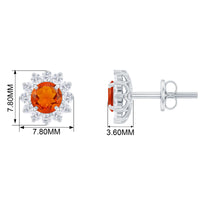 Rosec Jewels 1 CT fire opal stud earrings with diamond halo, showcasing vibrant orange gemstone and sparkling diamond accents.