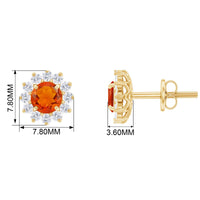 Rosec Jewels 1 CT fire opal stud earrings with diamond halo, showcasing vibrant orange gemstone and sparkling diamond accents.