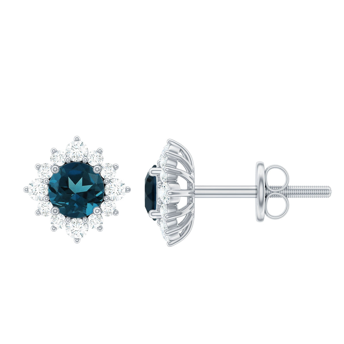 Rosec Jewels 1.25 CT London Blue Topaz stud earrings with diamond halo, featuring vibrant blue gemstones and sparkling accents
