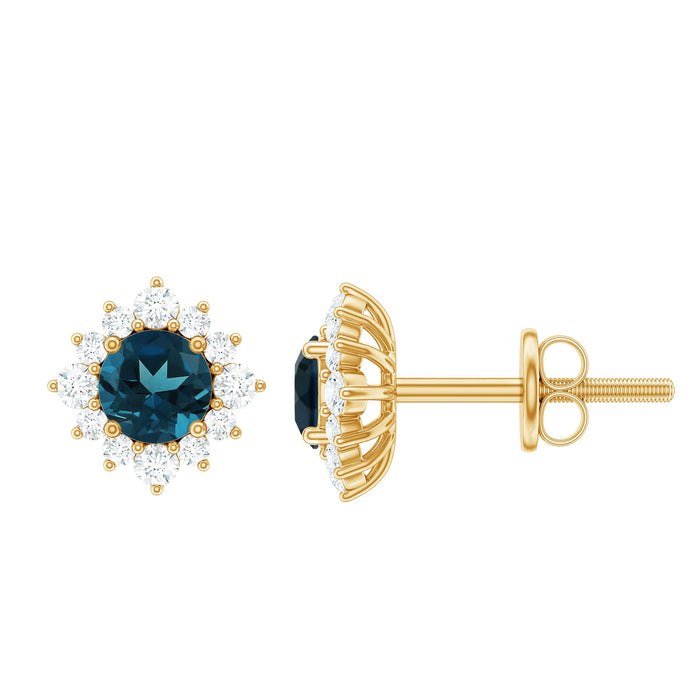 Rosec Jewels 1.25 CT London Blue Topaz stud earrings with diamond halo, showcasing elegant blue gemstones and sparkling accents.