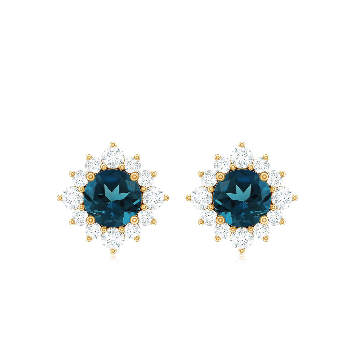 Rosec Jewels 1.25 CT London Blue Topaz stud earrings with diamond halo, showcasing elegant blue gemstones and sparkling accents.