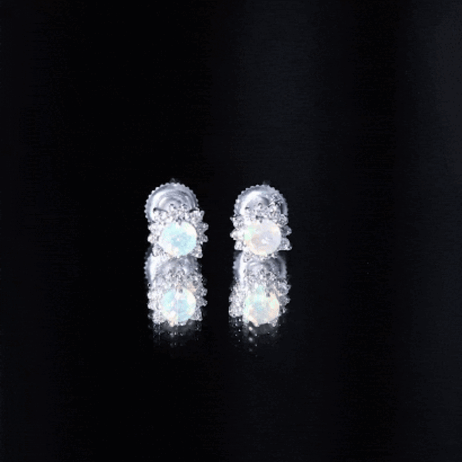 Ethiopian opal stud earrings with diamond halo from Rosec Jewels featuring vibrant opal stones and sparkling diamond accents.