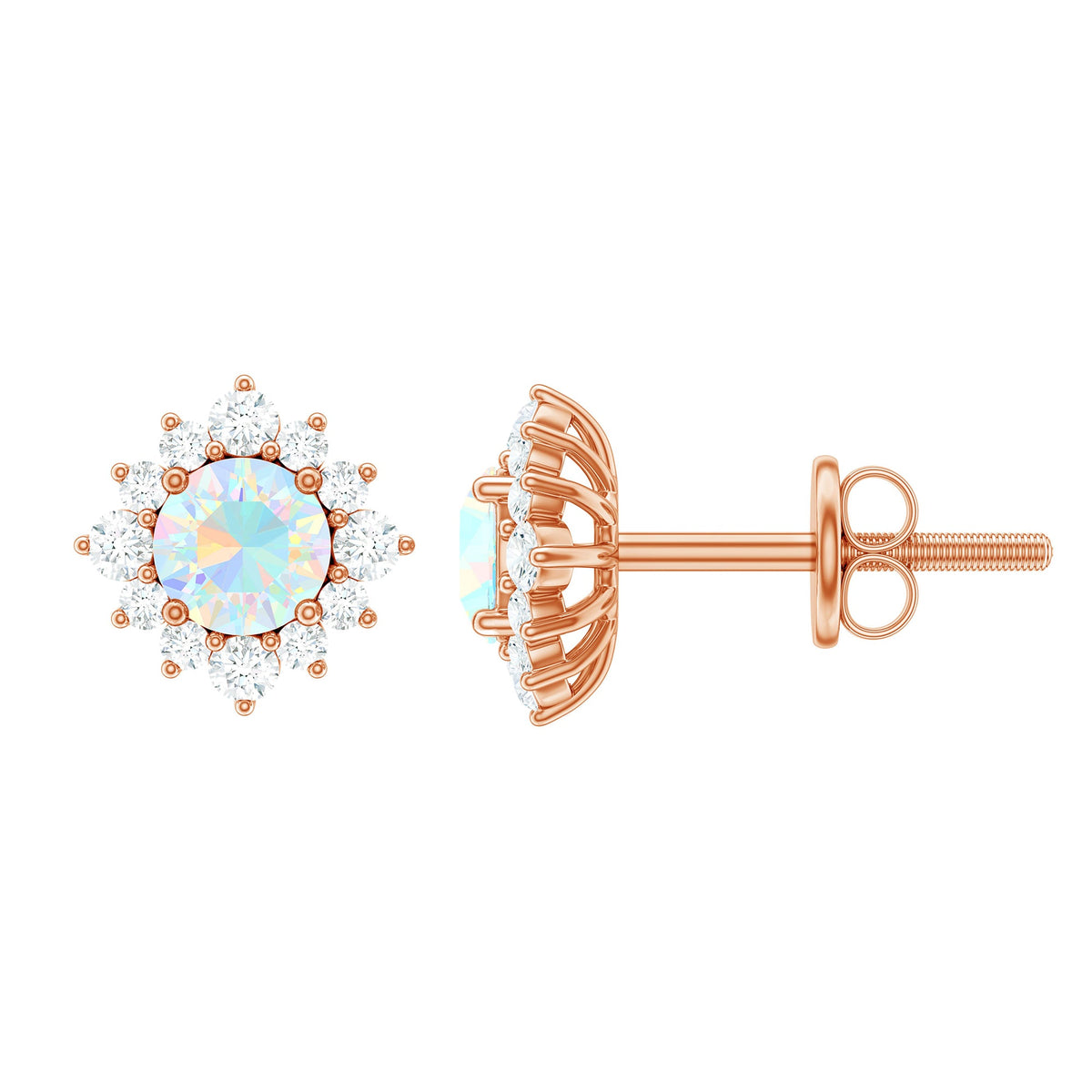 Ethiopian opal stud earrings with diamond halo from Rosec Jewels, featuring vibrant opal gemstones and a sparkling diamond surround.