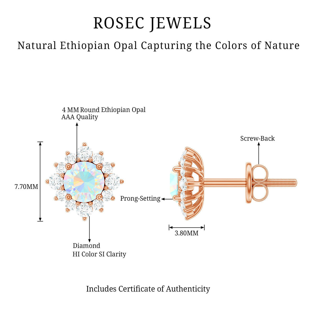 Classic Ethiopian Opal stud earrings with diamond halo featuring Rosec Jewels, showcasing shimmering opals and sparkling diamond accents.