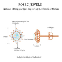 Classic Ethiopian Opal stud earrings with diamond halo featuring Rosec Jewels, showcasing shimmering opals and sparkling diamond accents.