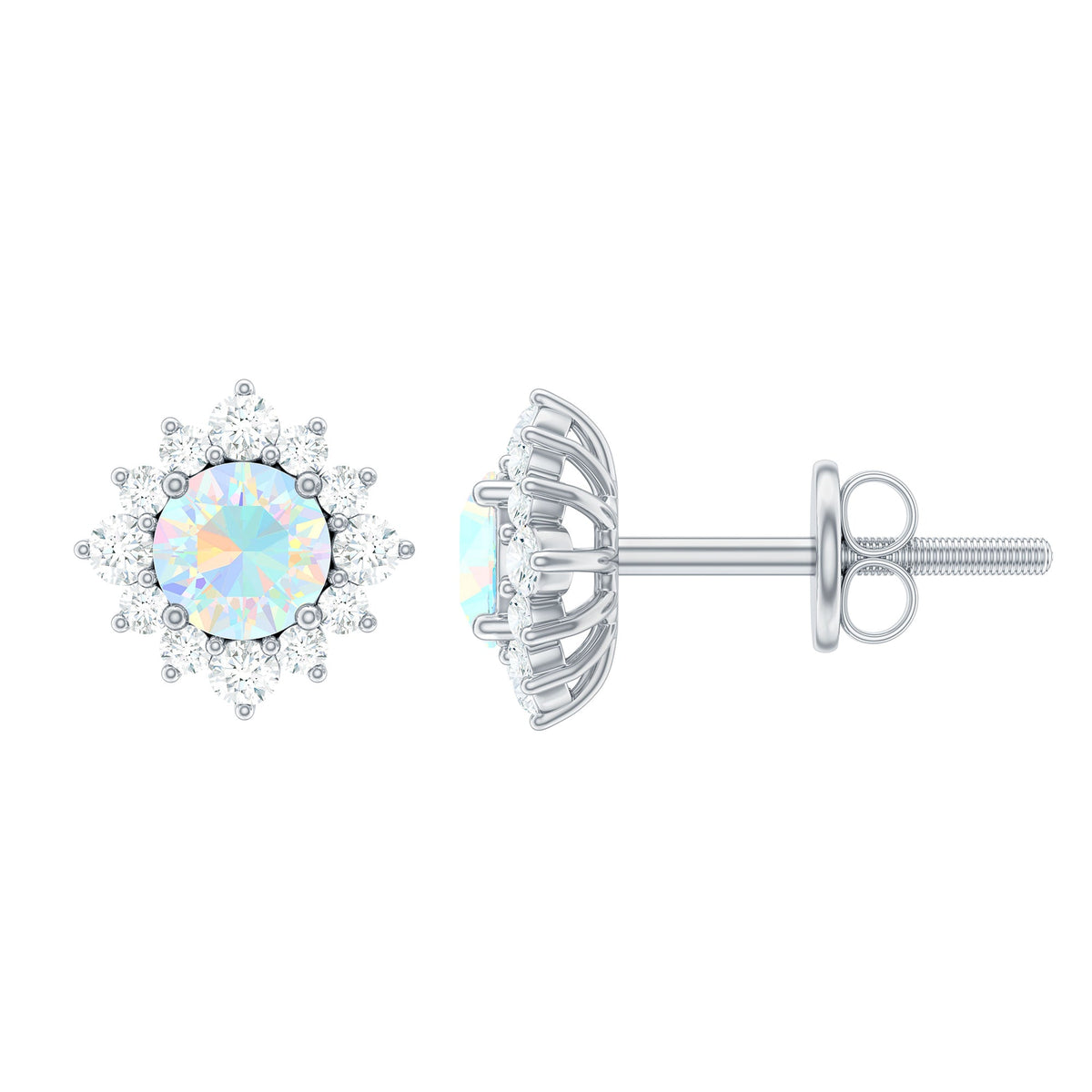 Ethiopian opal stud earrings with diamond halo from Rosec Jewels, featuring vibrant opal stones and sparkling diamond accents.