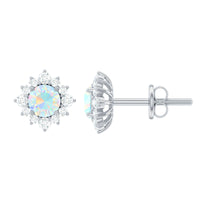 Ethiopian opal stud earrings with diamond halo from Rosec Jewels, featuring vibrant opal stones and sparkling diamond accents.