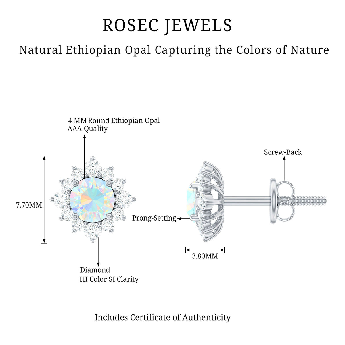Ethiopian opal stud earrings with diamond halo by Rosec Jewels, featuring vibrant opal gemstones and sparkling diamond accents.