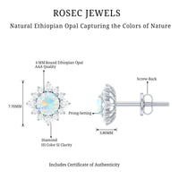 Ethiopian opal stud earrings with diamond halo by Rosec Jewels, featuring vibrant opal gemstones and sparkling diamond accents.