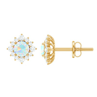 Ethiopian Opal stud earrings with diamond halo from Rosec Jewels, showcasing shimmering opals and sparkling diamond accents.