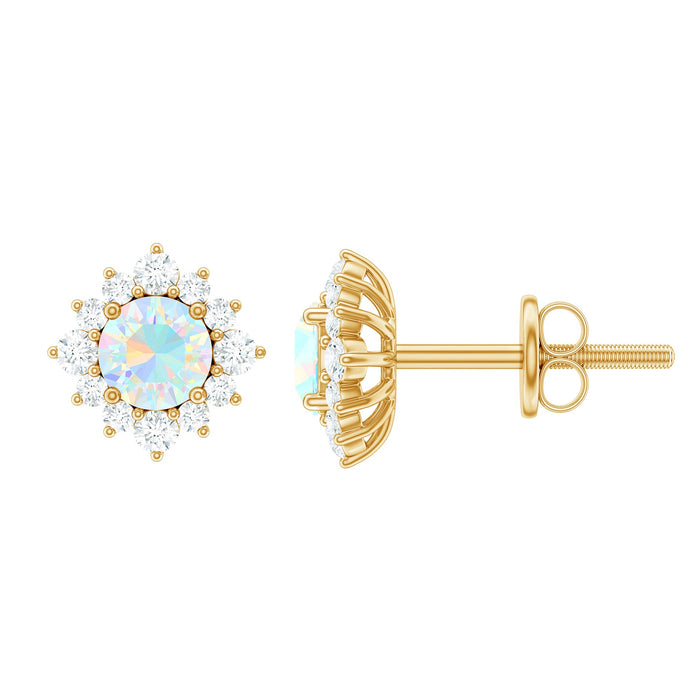 Ethiopian Opal stud earrings with diamond halo from Rosec Jewels, showcasing shimmering opals and sparkling diamond accents.