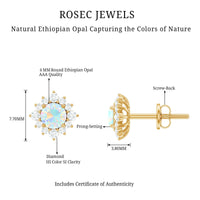 Ethiopian opal stud earrings with diamond halo from Rosec Jewels, showcasing vibrant opal stones and sparkling diamond accents.