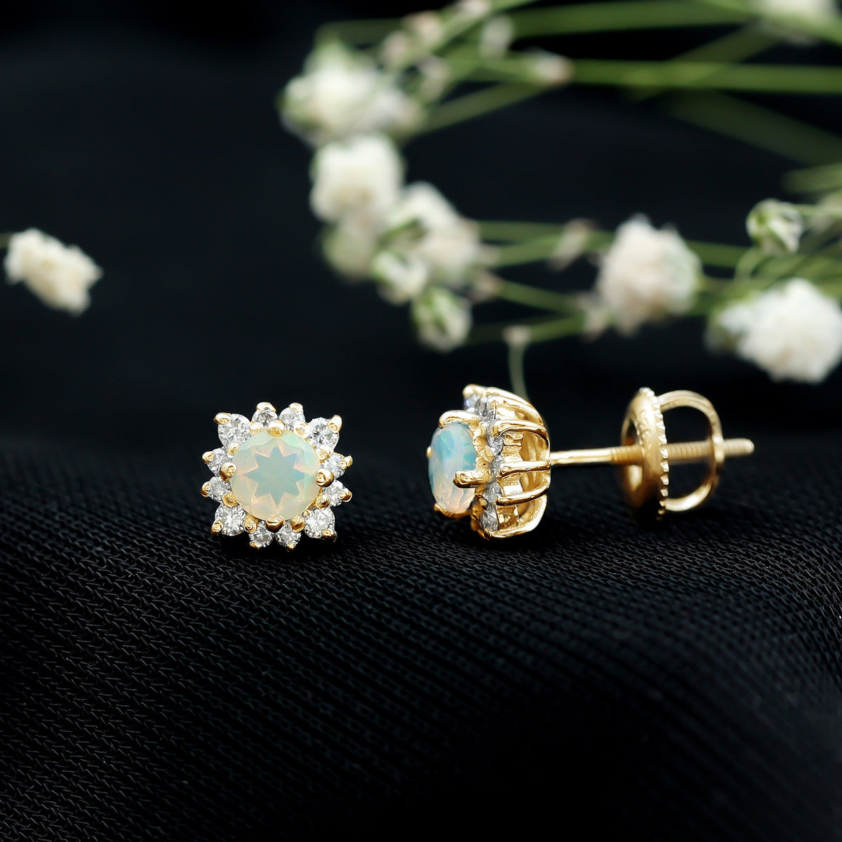 Ethiopian opal stud earrings with diamond halo by Rosec Jewels, featuring vibrant opal stones surrounded by sparkling diamonds.