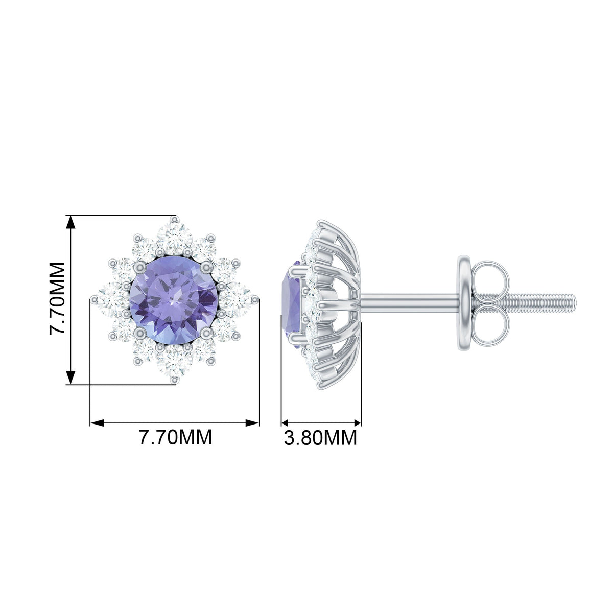 Rosec Jewels 1.5 CT Tanzanite stud earrings with diamond halo, showcasing elegant purple gemstones and sparkling diamond accents.