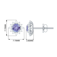 Rosec Jewels 1.5 CT Tanzanite stud earrings with diamond halo, showcasing elegant purple gemstones and sparkling diamond accents.