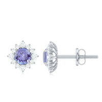 Rosec Jewels 1.5 CT Tanzanite stud earrings with diamond halo, showcasing vibrant purple-blue tanzanite stones and sparkling diamond accents.