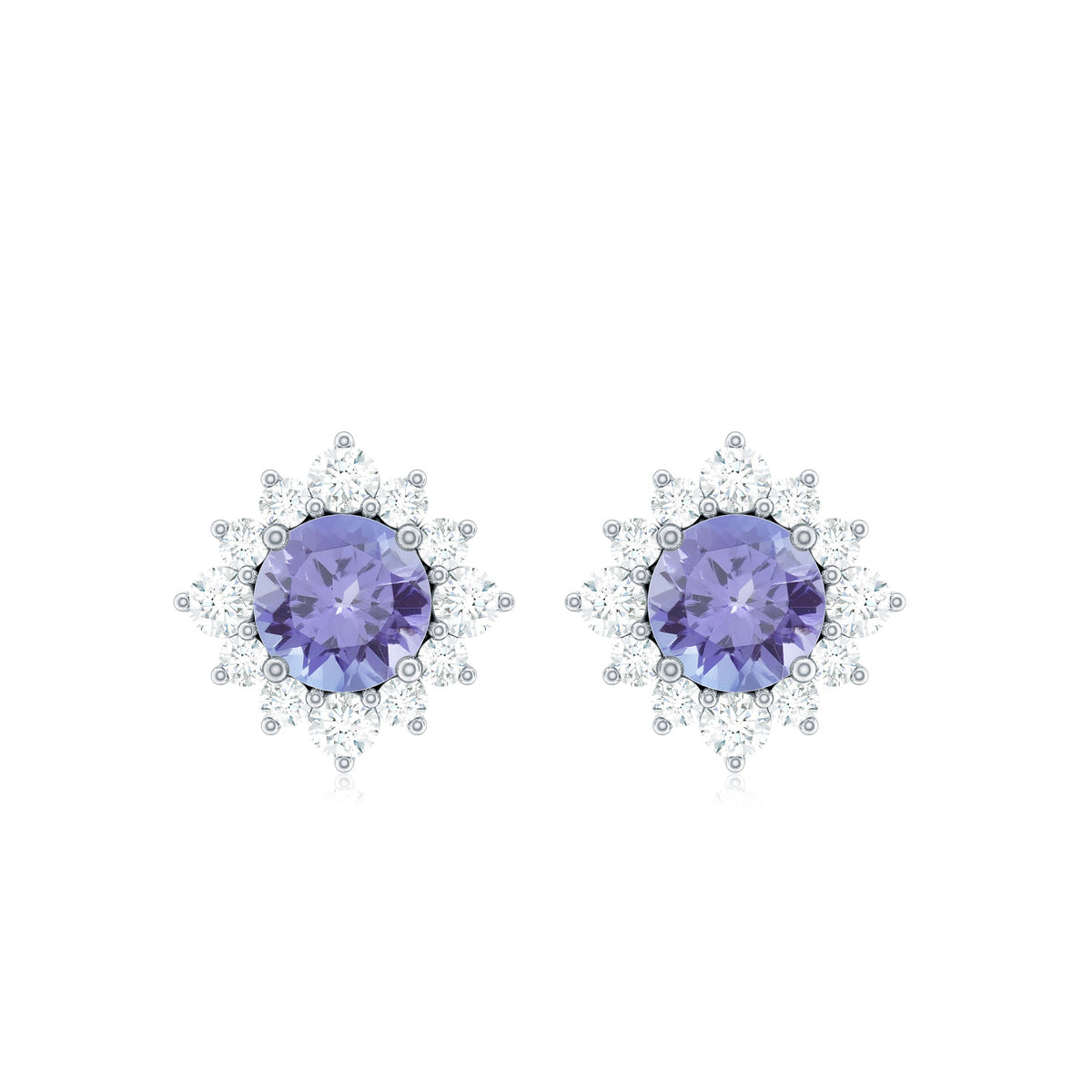 Rosec Jewels 1.5 CT Tanzanite stud earrings with diamond halo, showcasing sparkling tanzanite gemstones and elegant design.