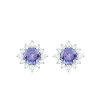 Rosec Jewels 1.5 CT Tanzanite stud earrings with diamond halo, showcasing sparkling tanzanite gemstones and elegant design.