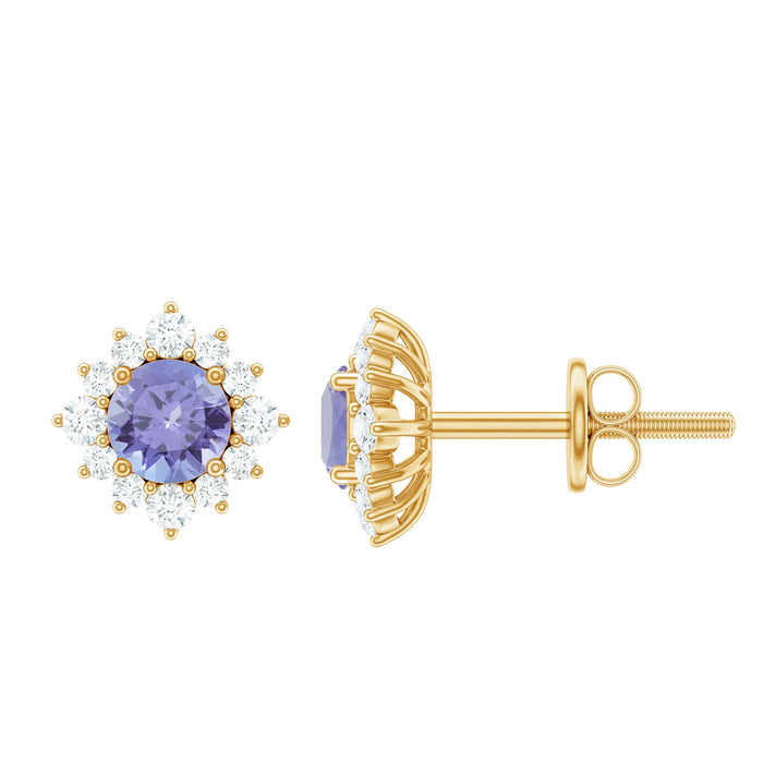 Rosec Jewels 1.5 CT Tanzanite stud earrings with diamond halo, showcasing vibrant purple-blue tanzanite gemstones with sparkling diamond accents.