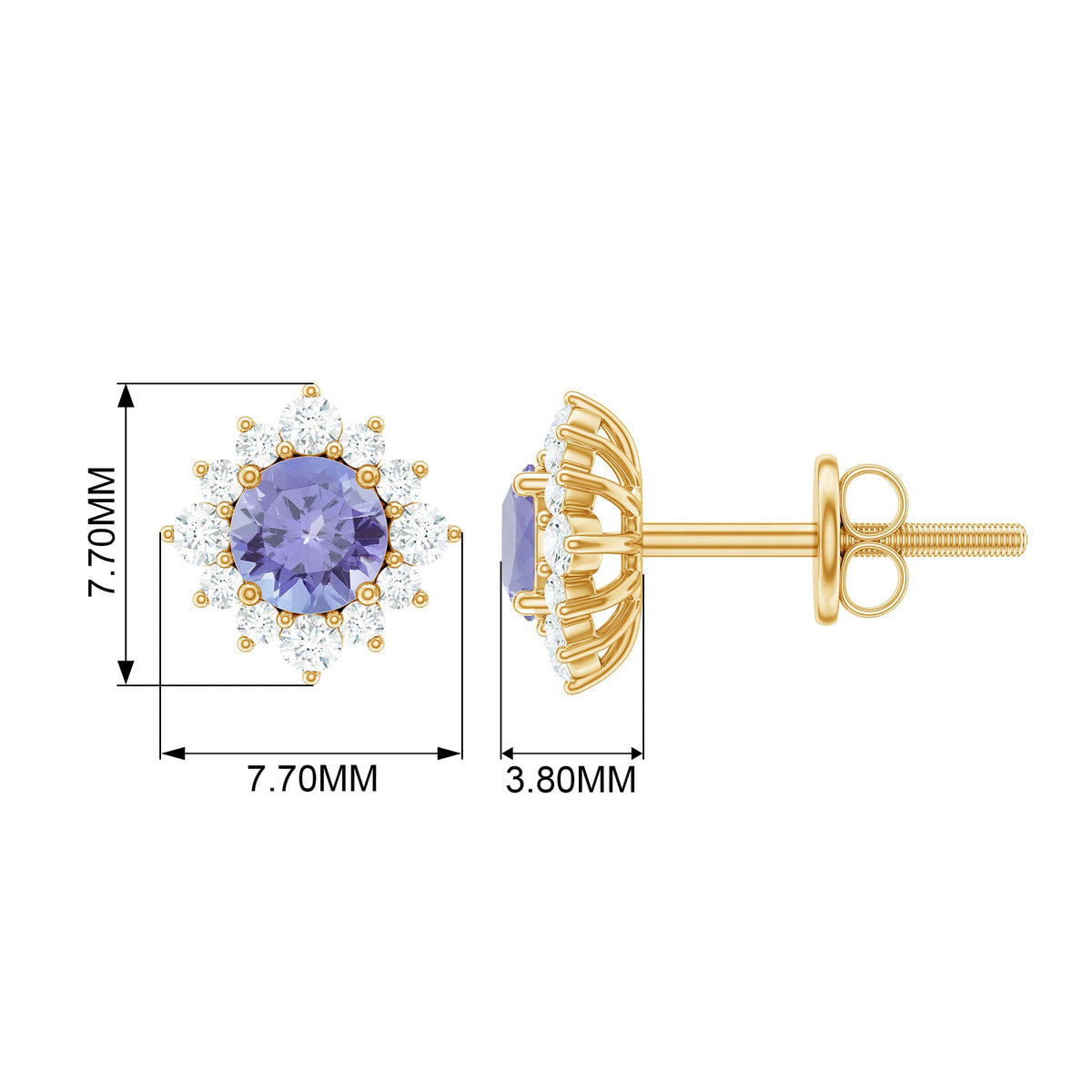 Rosec Jewels 1.5 CT Tanzanite stud earrings with diamond halo, showcasing vibrant purple tanzanite gemstones and sparkling diamond accents.