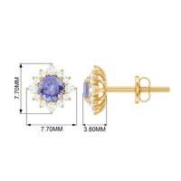 Rosec Jewels 1.5 CT Tanzanite stud earrings with diamond halo, showcasing vibrant purple tanzanite gemstones and sparkling diamond accents.