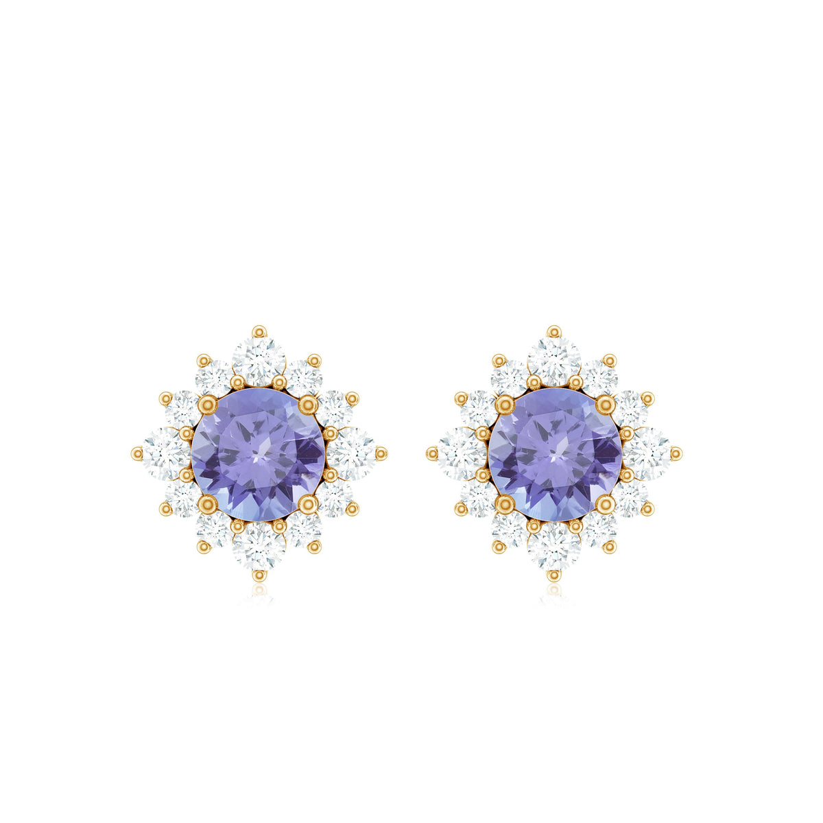 Rosec Jewels 1.5 CT tanzanite stud earrings with diamond halo, showcasing vibrant purple-blue stones and sparkling accents.
