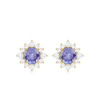 Rosec Jewels 1.5 CT tanzanite stud earrings with diamond halo, showcasing vibrant purple-blue stones and sparkling accents.