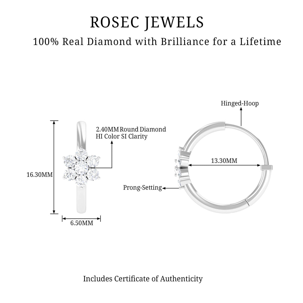 Real diamond flower hoop earrings for women by Rosec Jewels, featuring sparkling diamond accents and elegant hoop design.