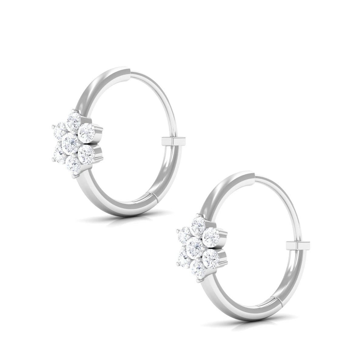 Real diamond flower hoop earrings for women by Rosec Jewels, featuring sparkling diamond-studded floral design on gold hoops.