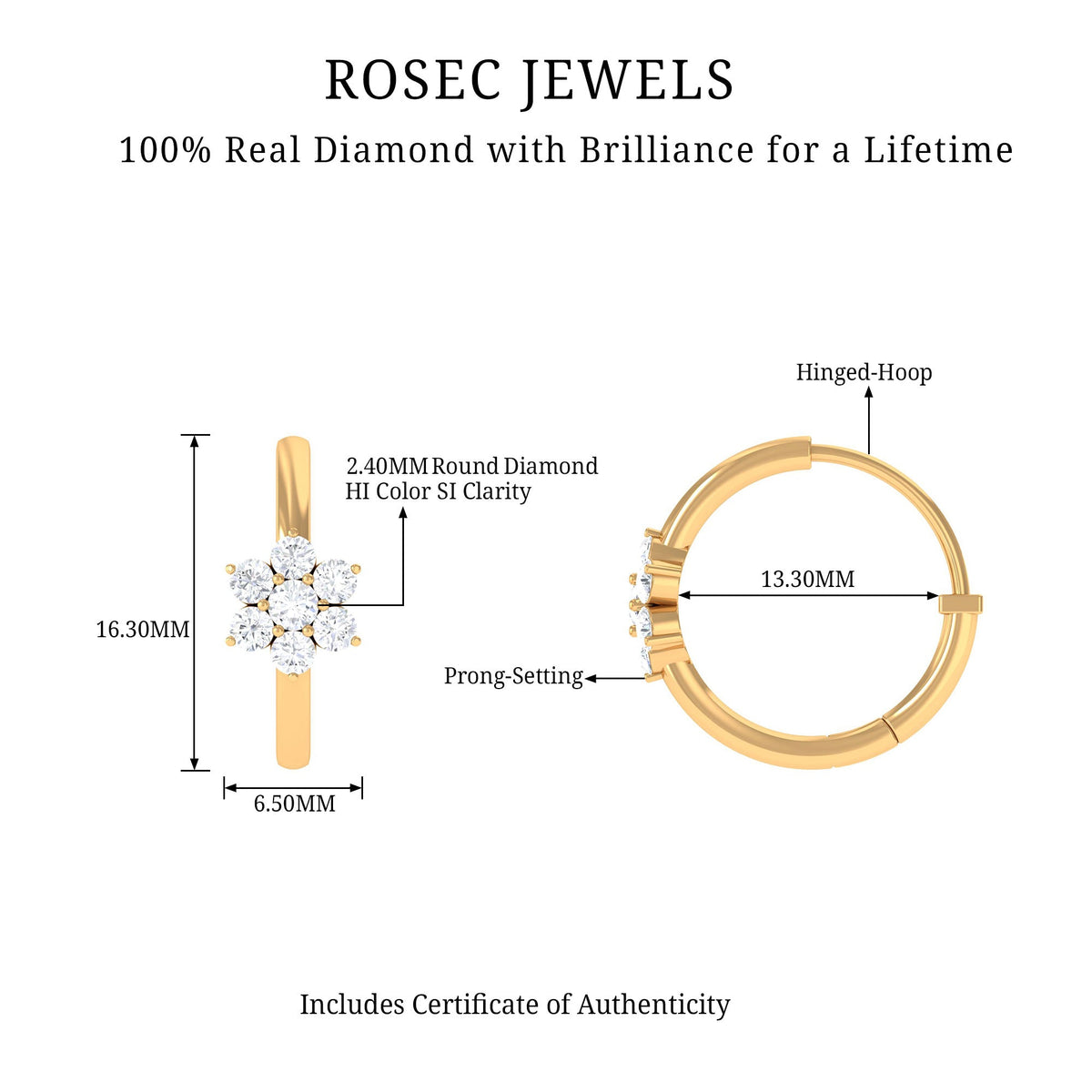 Real diamond flower hoop earrings for women by Rosec Jewels, featuring sparkling diamond accents and elegant hoop design.