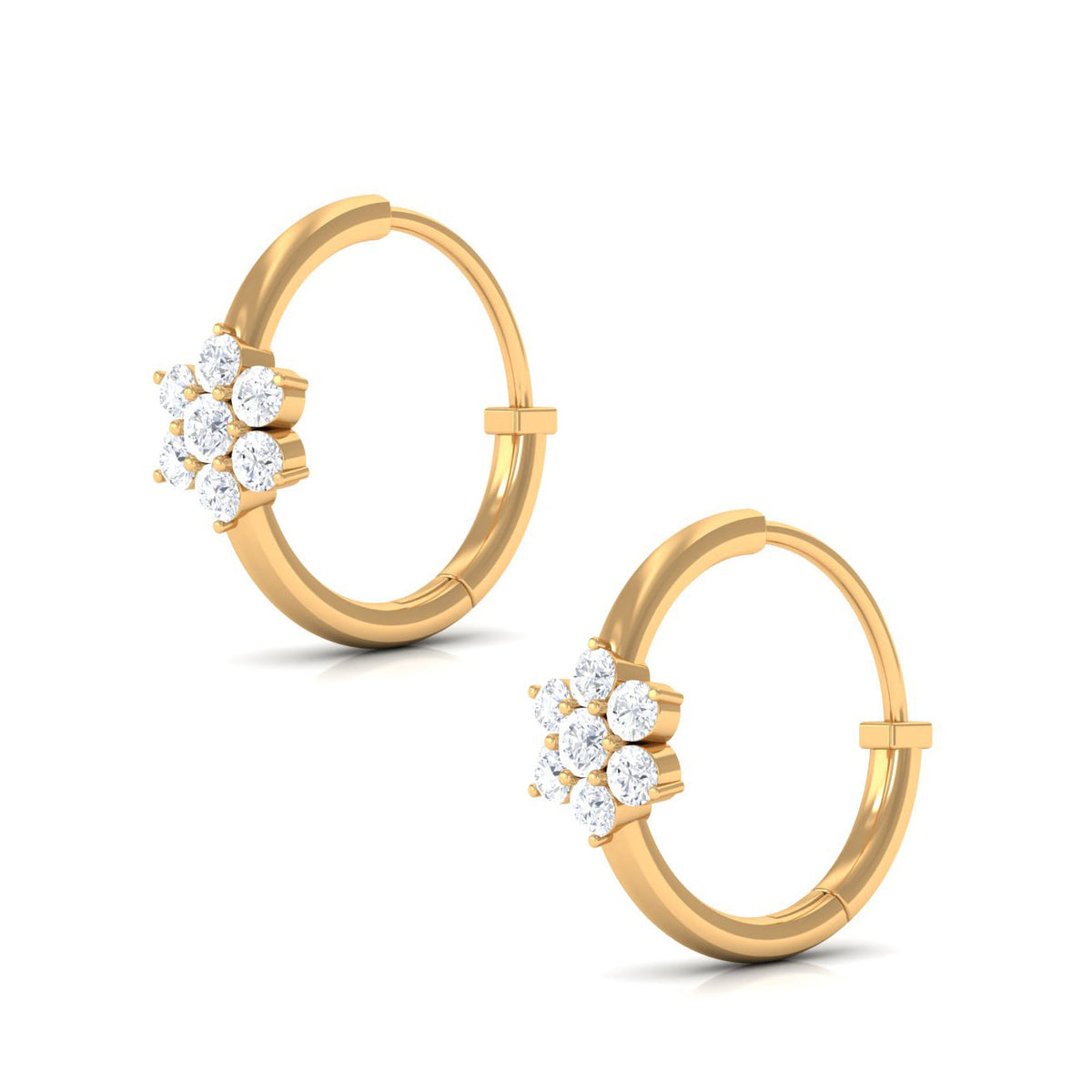 Real diamond flower hoop earrings for women by Rosec Jewels featuring delicate floral design and sparkling diamonds.