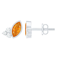 Marquise cut fire opal stud earrings with diamond trio accents from Rosec Jewels, showcasing vibrant orange gemstones and sparkling diamonds.