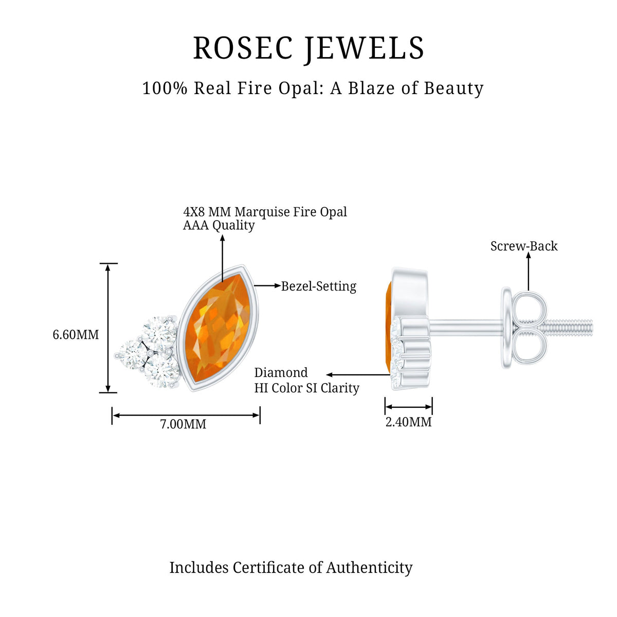 Marquise cut fire opal stud earrings with diamond trio accents by Rosec Jewels, showcasing elegant jewelry design.