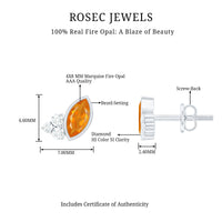 Marquise cut fire opal stud earrings with diamond trio accents by Rosec Jewels, showcasing elegant jewelry design.